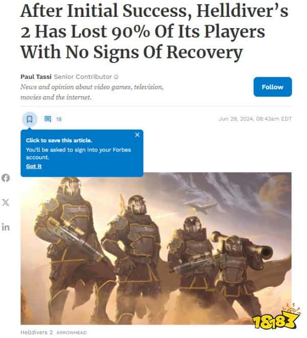 难度高，内容少，逼事多！报道称《绝地潜兵2》玩家数量锐减90%