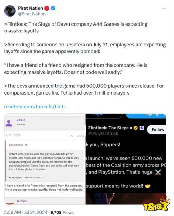 又被差评搞崩心态？《燧石枪：黎明之围》被爆将有大规模裁员