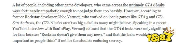 请吃定心丸：前GTA开发人员谈《GTA6》泄密：没有特别严重！