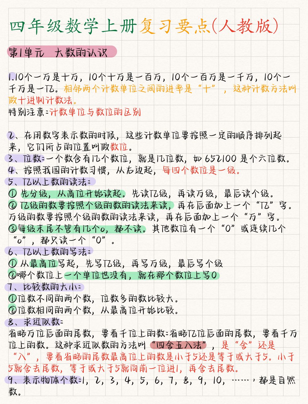 四年级数学上册复习要点